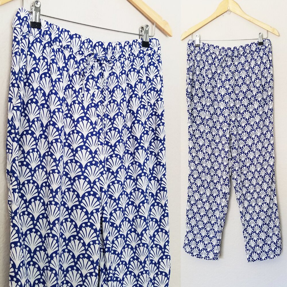 Boden Shells Print Crinkle Tapered Trousers Pants 8 Blue White Pull On Beach $98 - Picture 9 of 16